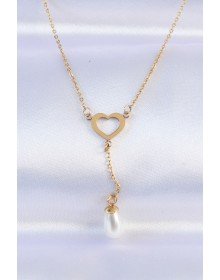 316L Steel Chain Gold Color Pearl Stone Detail Heart Necklace
