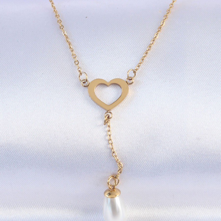 316L Steel Chain Gold Color Pearl Stone Detail Heart Necklace