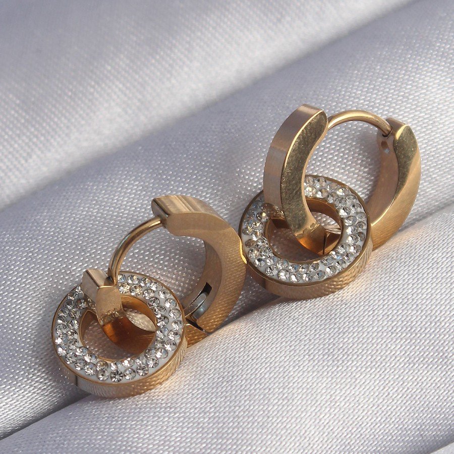 316L Steel Gold Color Zircon Stone Interlocking Oval Earrings