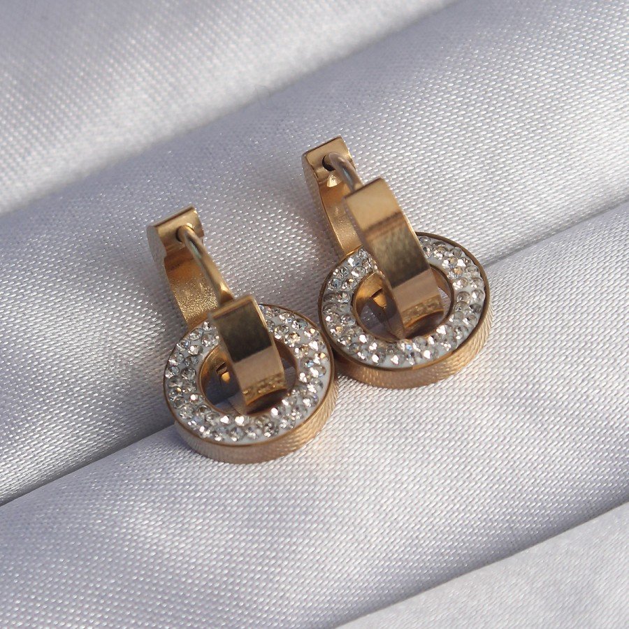 316L Steel Gold Color Zircon Stone Interlocking Oval Earrings