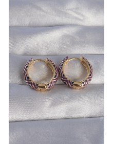 Brass Gold Color Purple Ethnic Patterned Hoop Earrings