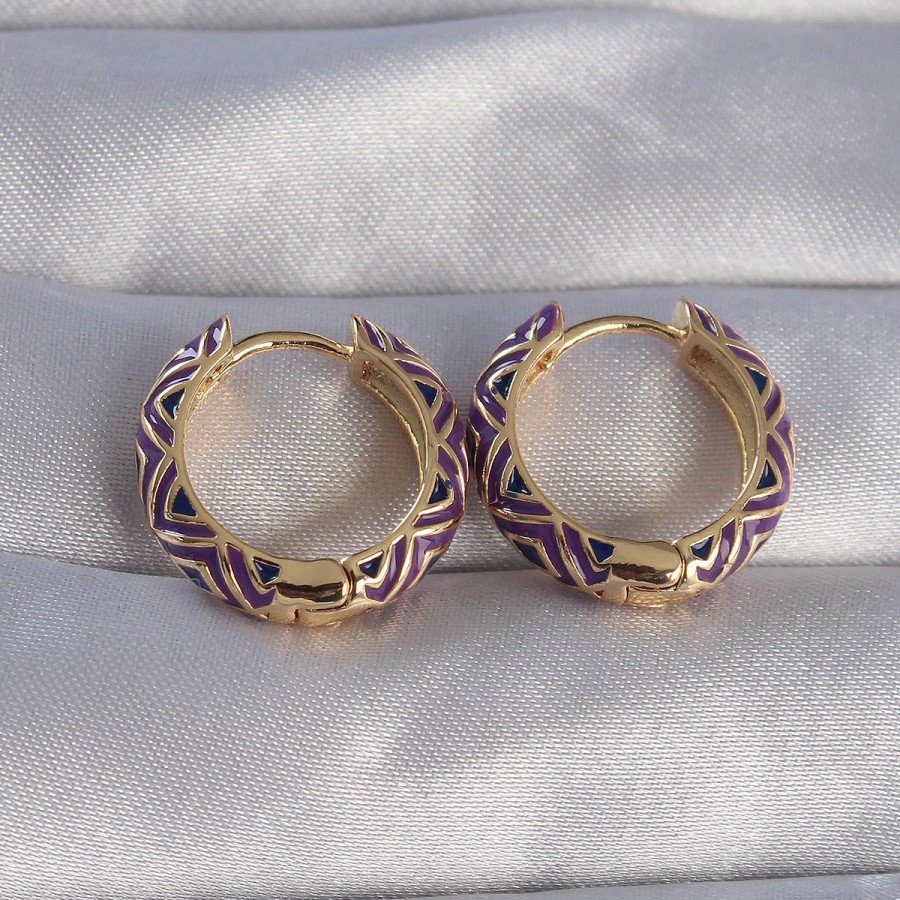 Brass Gold Color Purple Ethnic Patterned Hoop Earrings