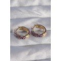 Brass Gold Color Purple Ethnic Patterned Hoop Earrings