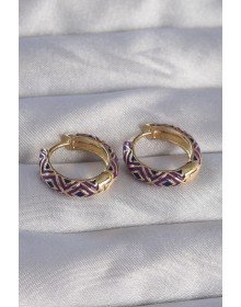 Brass Gold Color Purple Ethnic Patterned Hoop Earrings