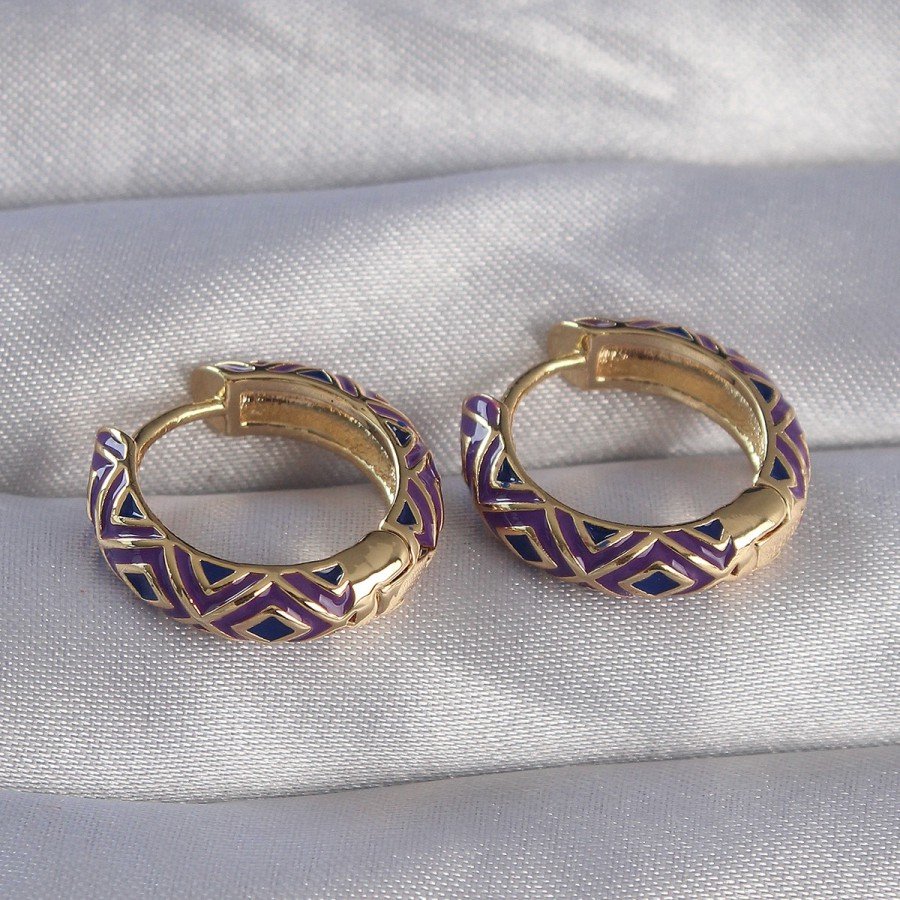 Brass Gold Color Purple Ethnic Patterned Hoop Earrings
