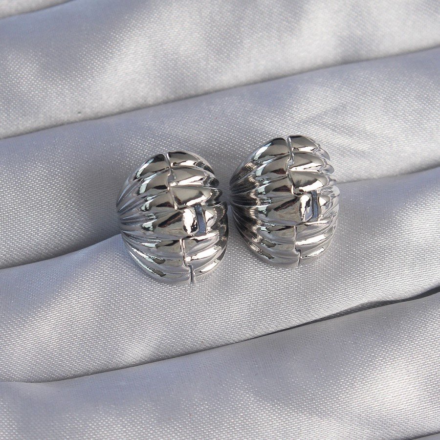 Brass Silver Color Serrated Minimal Curved Design Earrings