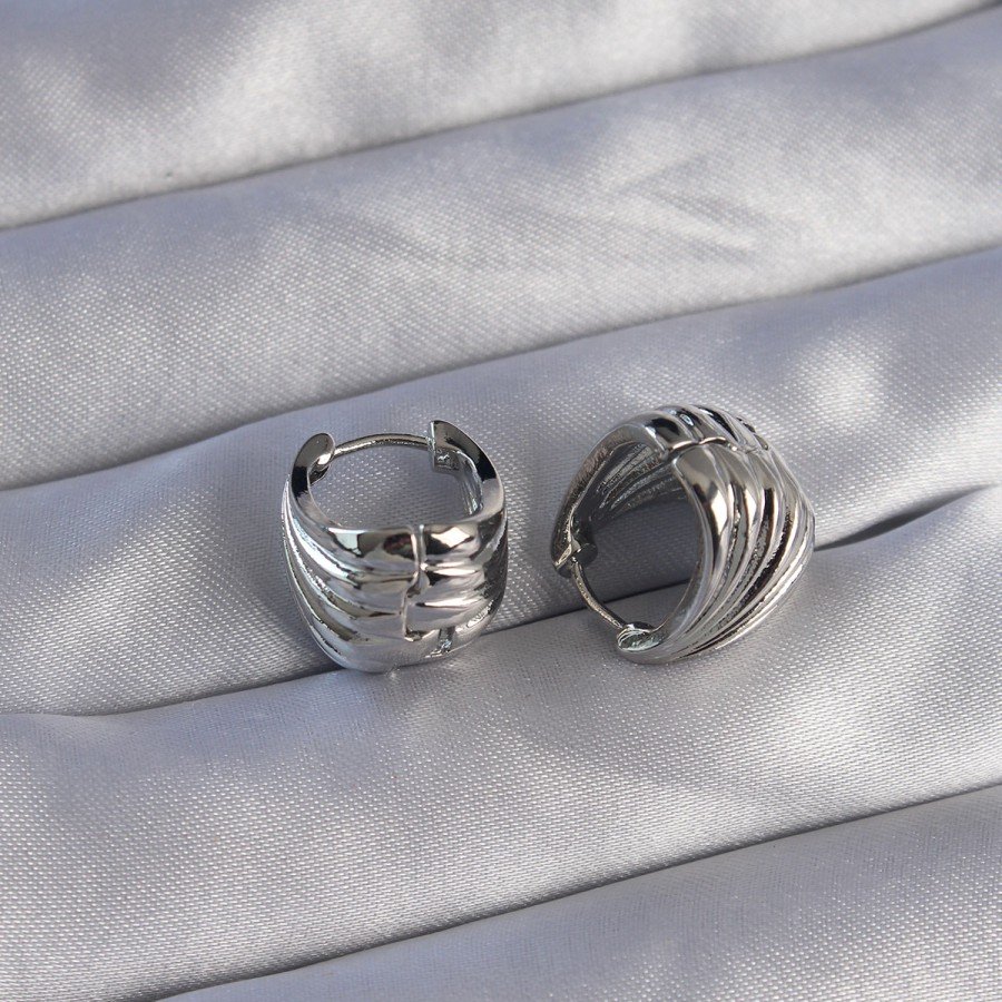 Brass Silver Color Serrated Minimal Curved Design Earrings