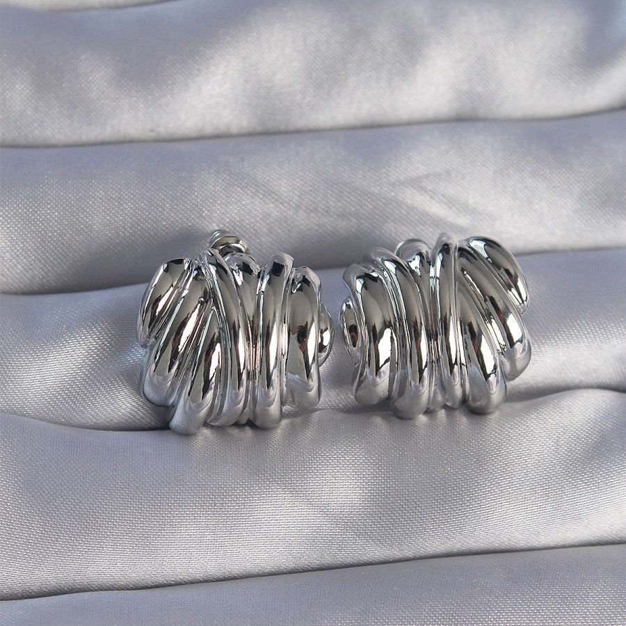 Brass Silver Color Serrated Bombe Model Earrings