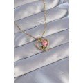 316L Steel Chain Gold Color Zircon Stone Heart Necklace with Pink Rose Design