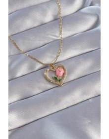 316L Steel Chain Gold Color Zircon Stone Heart Necklace with Pink Rose Design