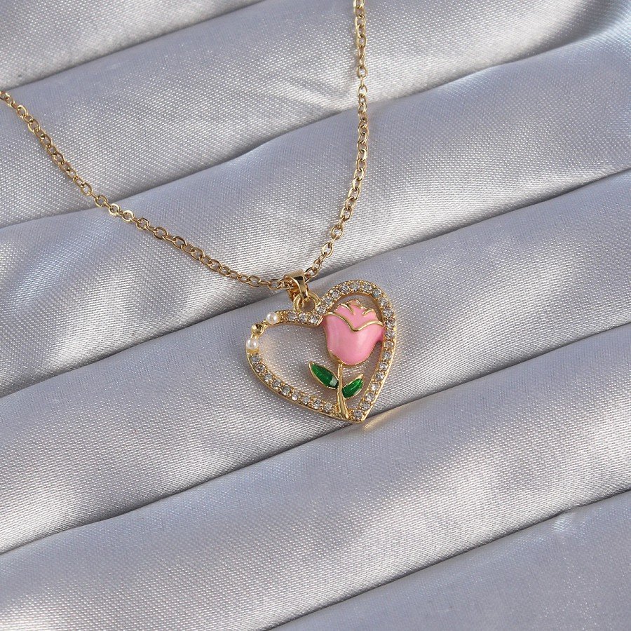 316L Steel Chain Gold Color Zircon Stone Heart Necklace with Pink Rose Design