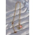 316L Steel Chain Gold Color Zircon Stone Heart Necklace with Pink Rose Design