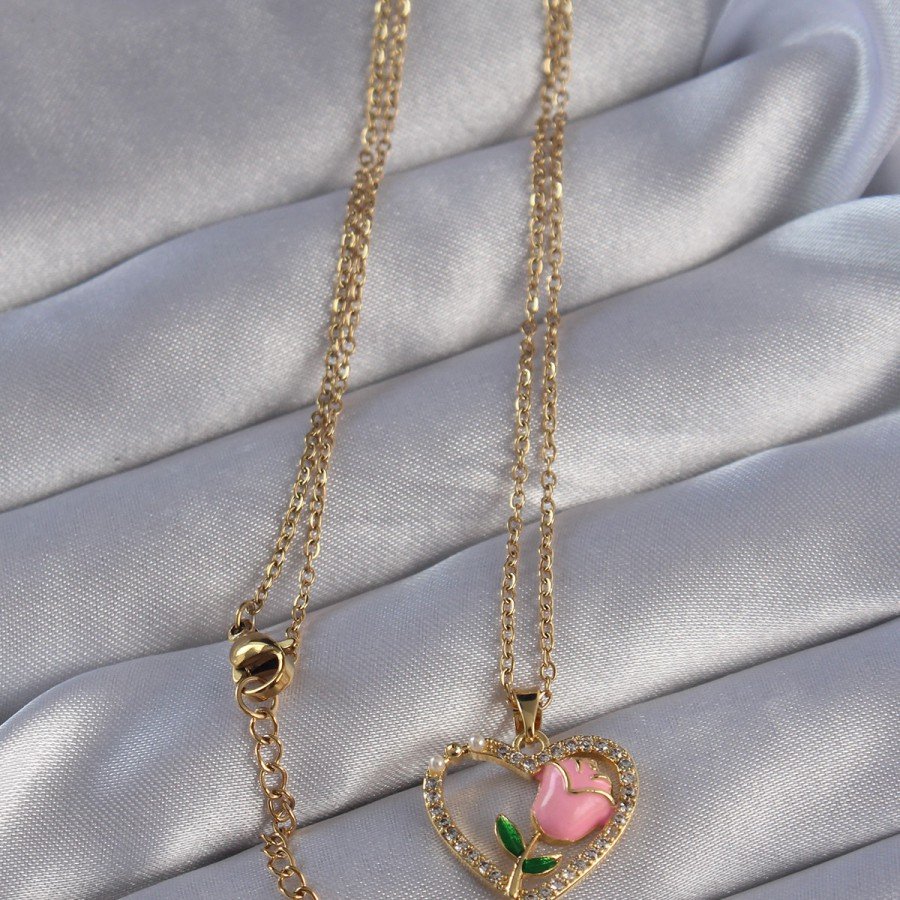 316L Steel Chain Gold Color Zircon Stone Heart Necklace with Pink Rose Design