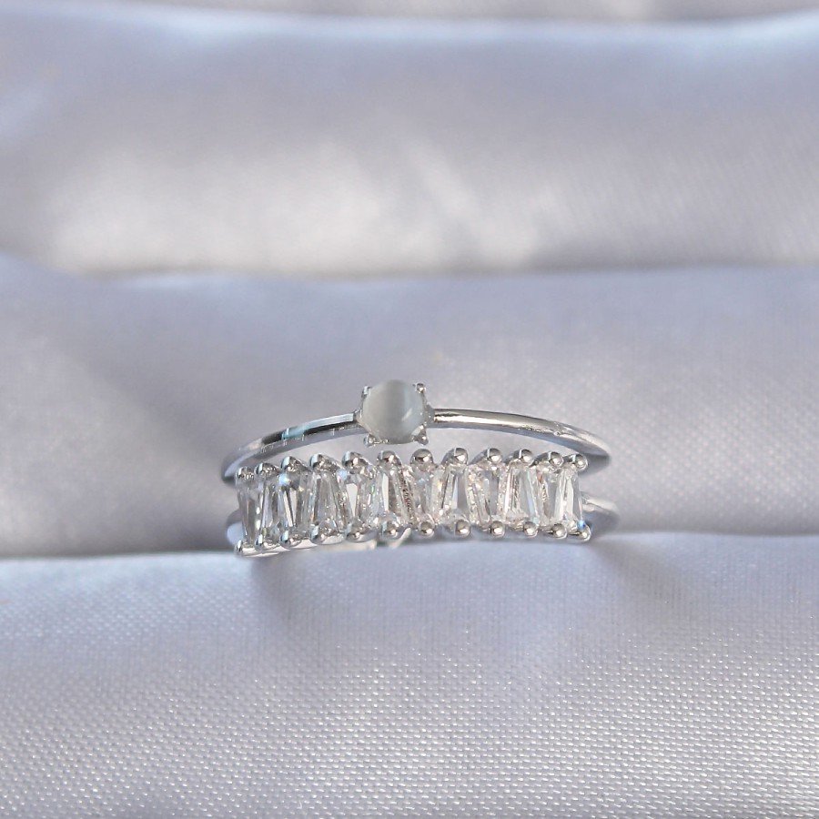 Brass Silver Color Zircon Stone Baguette Waterway Model Adjustable Ring
