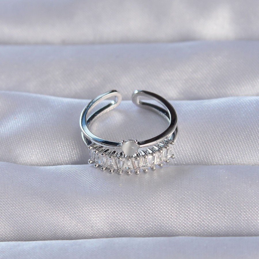 Brass Silver Color Zircon Stone Baguette Waterway Model Adjustable Ring