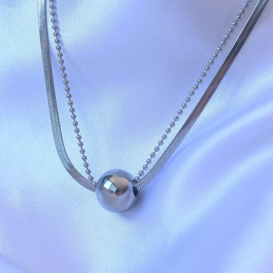 316L Steel Double Chain Silver Color Ball Italian Model Necklace