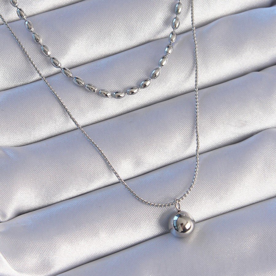 316L Steel Double Chain Silver Color Ball Model Necklace 316L Steel Double Chain Silver Color Ball Model Necklace
