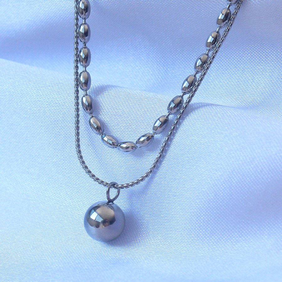 316L Steel Double Chain Silver Color Ball Model Necklace 316L Steel Double Chain Silver Color Ball Model Necklace