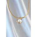 316L Steel Gold Color Flat Chain Pearl Stone Necklace