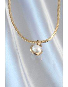 316L Steel Gold Color Flat Chain Pearl Stone Necklace