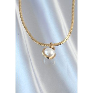 316L Steel Gold Color Flat Chain Pearl Stone Necklace 316L Steel Gold Color Flat Chain Pearl Stone Necklace
