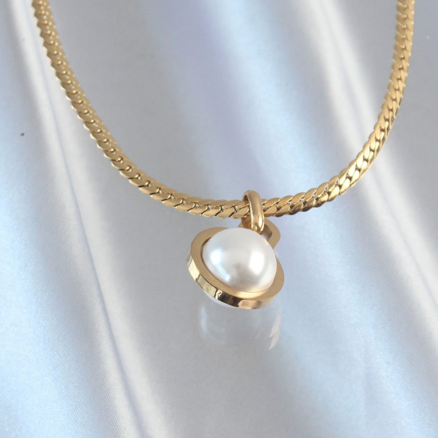 316L Steel Gold Color Flat Chain Pearl Stone Necklace