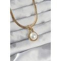 316L Steel Gold Color Flat Chain Pearl Stone Necklace