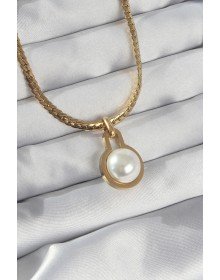 316L Steel Gold Color Flat Chain Pearl Stone Necklace
