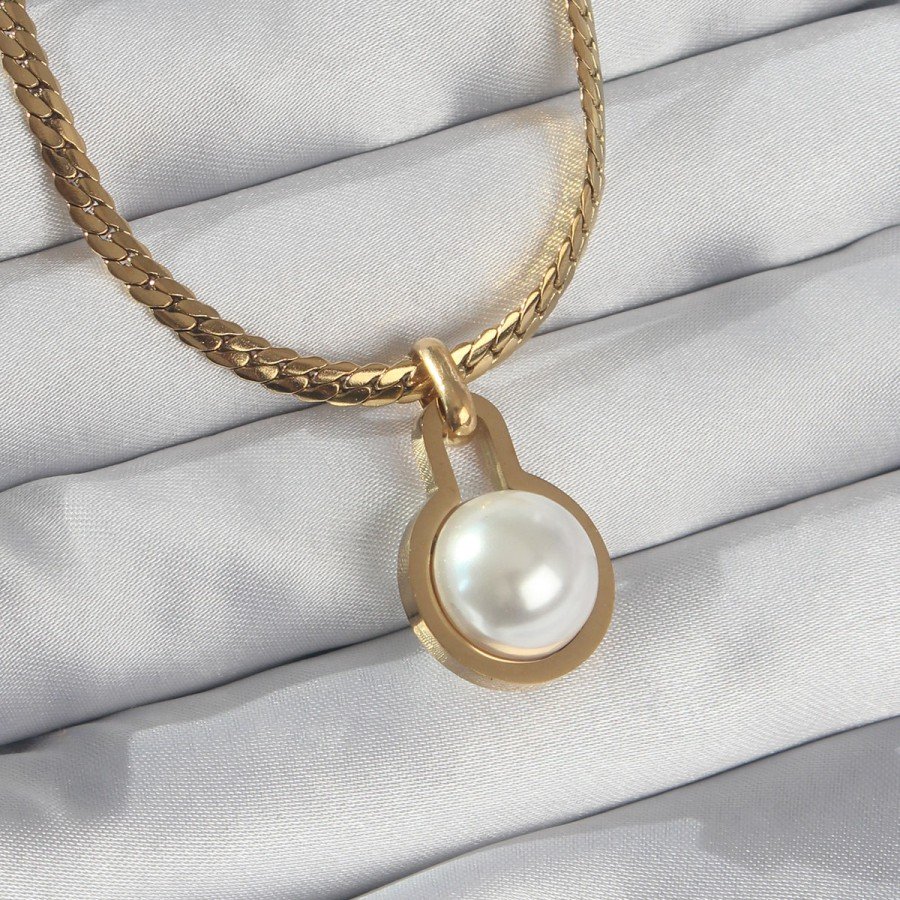 316L Steel Gold Color Flat Chain Pearl Stone Necklace