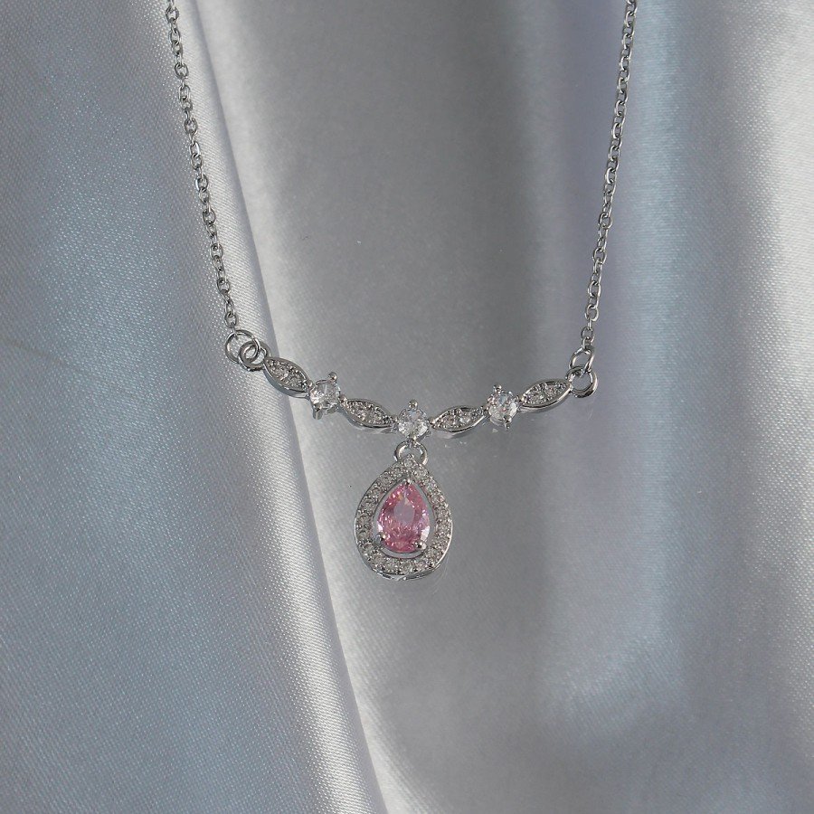 316L Steel Silver Color Pink Zircon Stone Drop Necklace