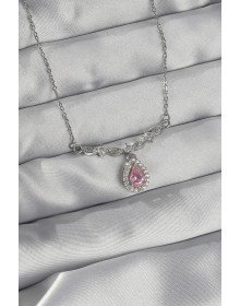 316L Steel Silver Color Pink Zircon Stone Drop Necklace