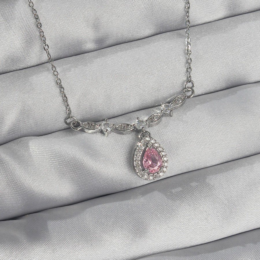 316L Steel Silver Color Pink Zircon Stone Drop Necklace
