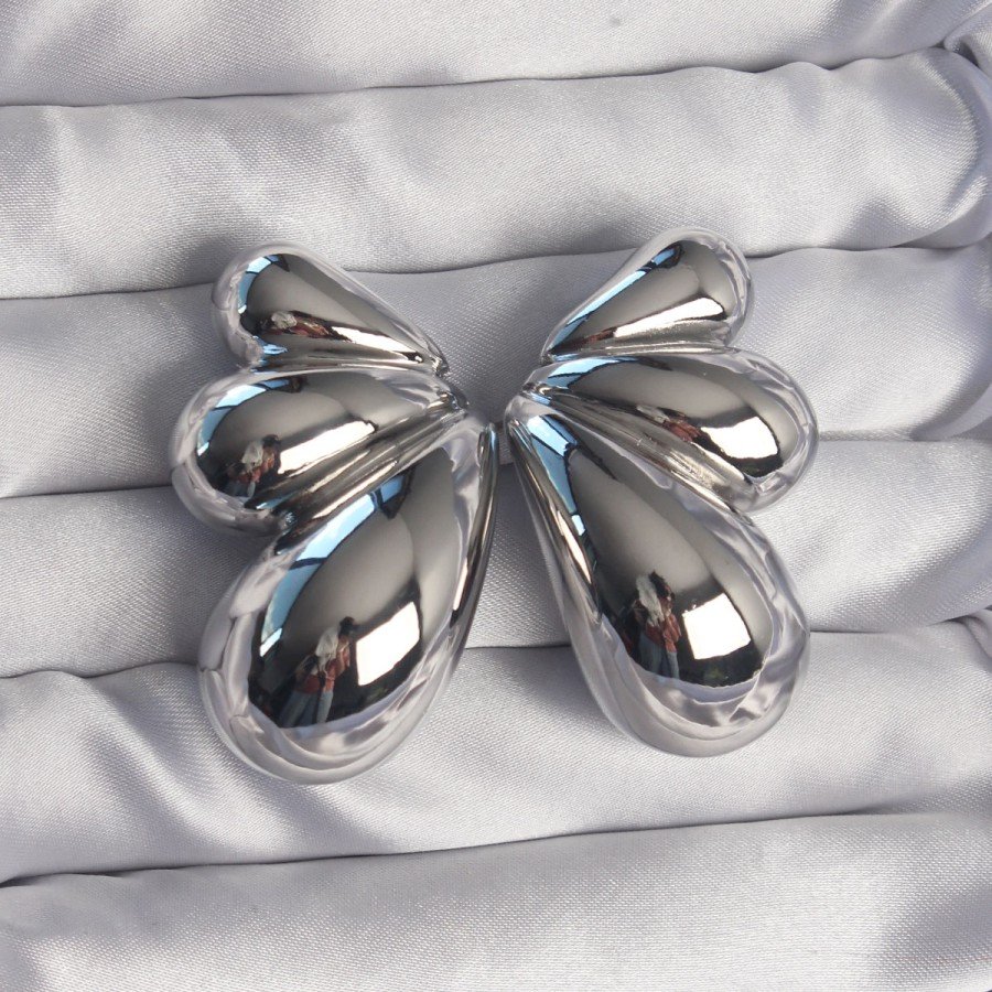 Brass Silver Color Large Domed Butterfly Earrings