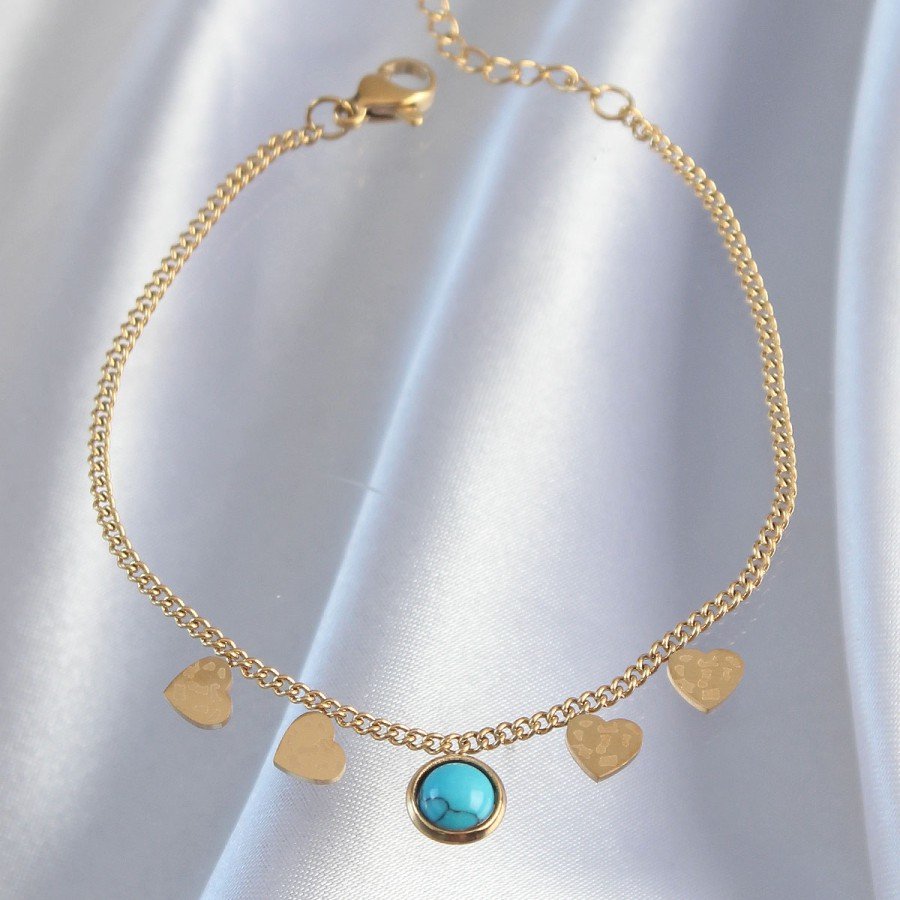 316L Steel Gold Color Bracelet with Minimal Heart and Blue Stone Detail