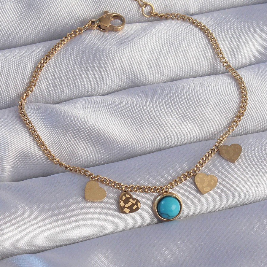 316L Steel Gold Color Bracelet with Minimal Heart and Blue Stone Detail