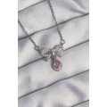 316L Steel Silver Color Bow Detail Pink Zircon Stone Drop Necklace