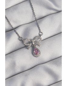 316L Steel Silver Color Bow Detail Pink Zircon Stone Drop Necklace