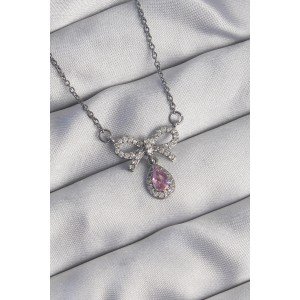 316L Steel Silver Color Bow Detail Pink Zircon Stone Drop Necklace