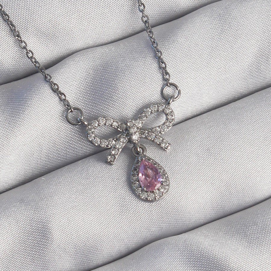316L Steel Silver Color Bow Detail Pink Zircon Stone Drop Necklace