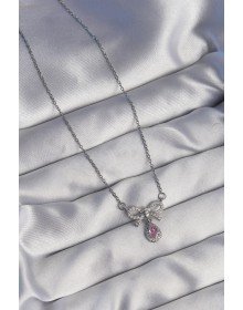 316L Steel Silver Color Bow Detail Pink Zircon Stone Drop Necklace