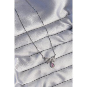 316L Steel Silver Color Bow Detail Pink Zircon Stone Drop Necklace