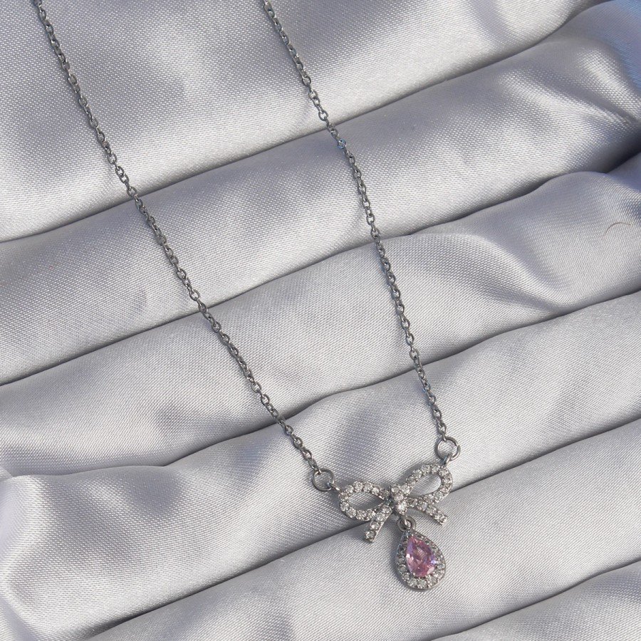 316L Steel Silver Color Bow Detail Pink Zircon Stone Drop Necklace