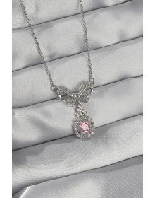 316L Steel Silver Color Bow Detail Pink Zircon Stone Solitaire Necklace