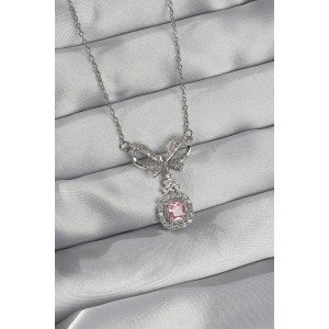 316L Steel Silver Color Bow Detail Pink Zircon Stone Solitaire Necklace
