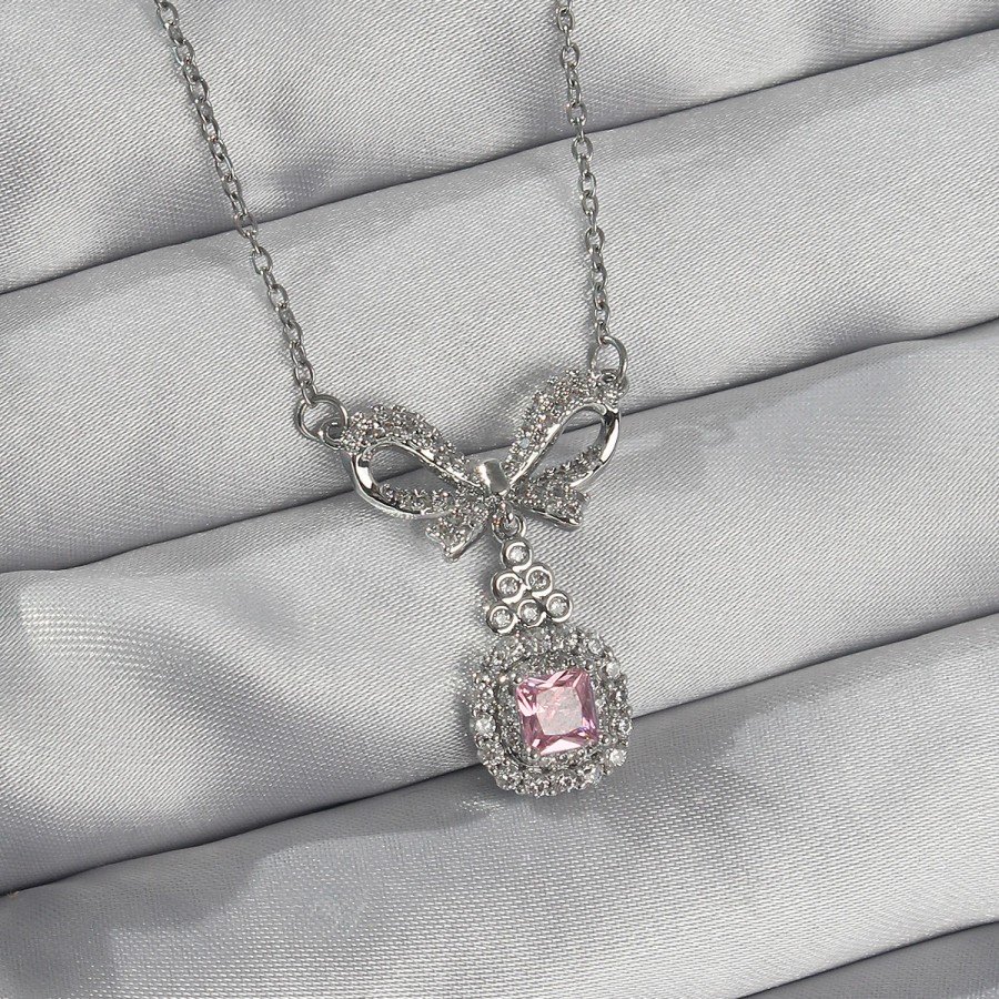 316L Steel Silver Color Bow Detail Pink Zircon Stone Solitaire Necklace 316L Steel Silver Color Bow Detail Pink Zircon Stone Solitaire Necklace