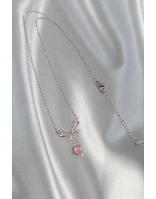316L Steel Silver Color Bow Detail Pink Zircon Stone Solitaire Necklace