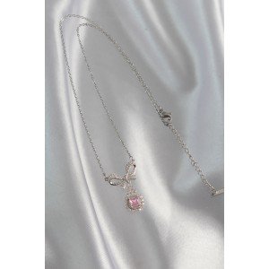 316L Steel Silver Color Bow Detail Pink Zircon Stone Solitaire Necklace