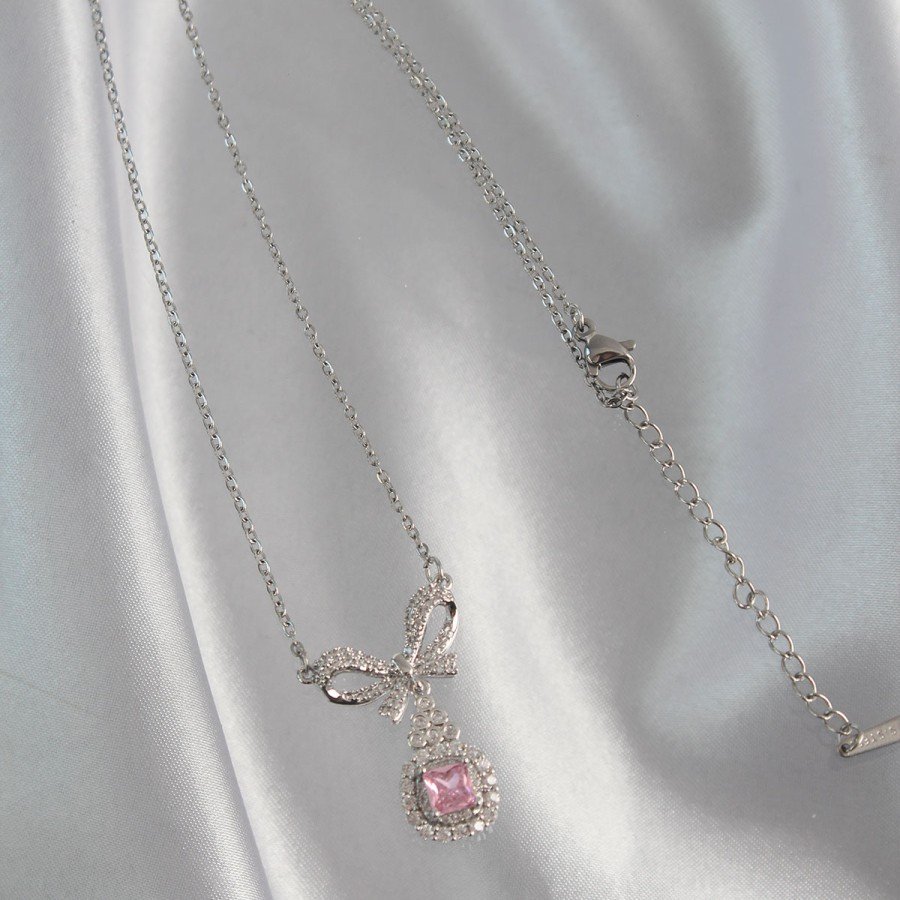 316L Steel Silver Color Bow Detail Pink Zircon Stone Solitaire Necklace 316L Steel Silver Color Bow Detail Pink Zircon Stone Solitaire Necklace