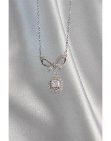316L Steel Silver Color Bow Detailed Zircon Stone Solitaire Necklace
