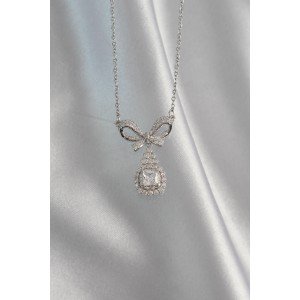 316L Steel Silver Color Bow Detailed Zircon Stone Solitaire Necklace